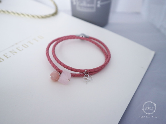 『小幸運-桃紅』天然粉水晶、粉紅澳寶、925銀飾品＋真皮皮繩手鍊 -Aki's design 第2張的照片
