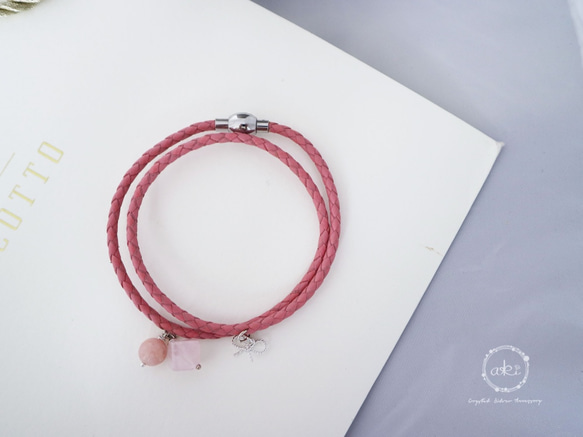 『小幸運-桃紅』天然粉水晶、粉紅澳寶、925銀飾品＋真皮皮繩手鍊 -Aki's design 第3張的照片