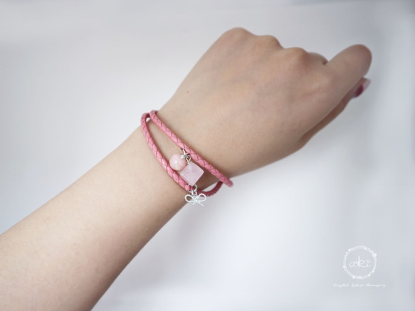 『小幸運-桃紅』天然粉水晶、粉紅澳寶、925銀飾品＋真皮皮繩手鍊 -Aki's design 第4張的照片