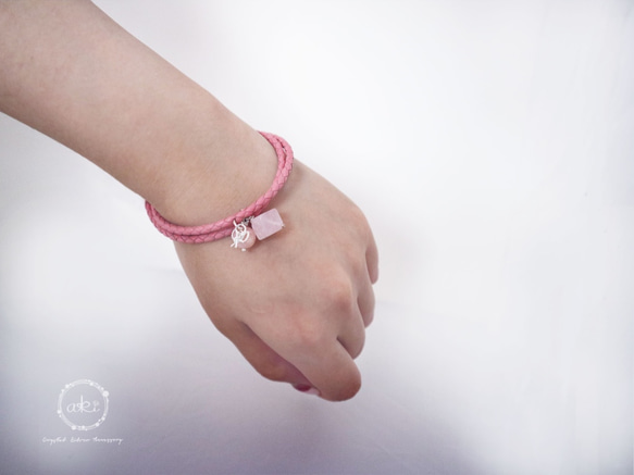 『小幸運-桃紅』天然粉水晶、粉紅澳寶、925銀飾品＋真皮皮繩手鍊 -Aki's design 第5張的照片