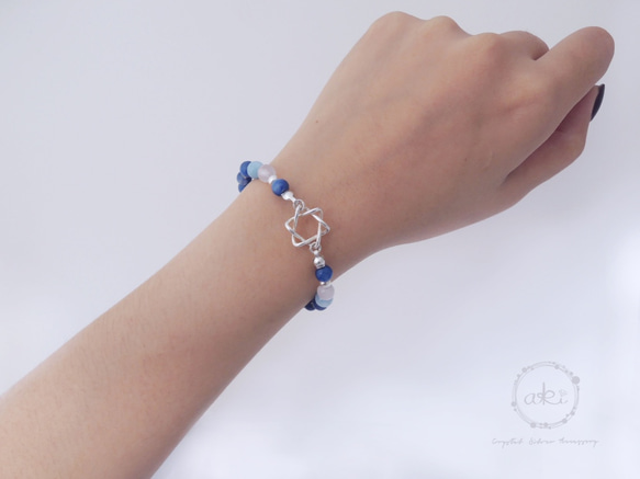 『心靈裡的六芒星』天然藍晶石＋海藍寶石＋粉水晶＋925銀飾＋日本蠶絲彈性繩-Aki's design 第3張的照片