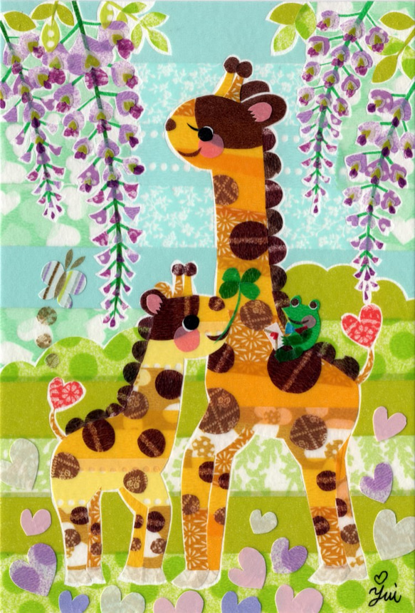 キリンの親子　水彩画　自己流　動物好き 5000円 キリンの親子〔絵/動物/色鉛筆/水彩/アクリル