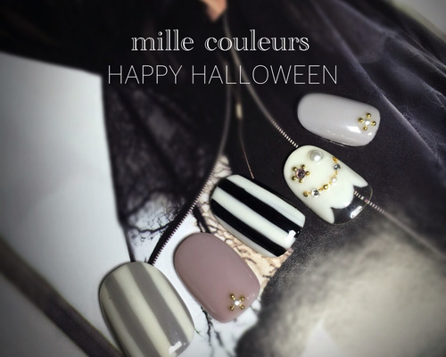 大人ハロウィン ストライプおばけちゃんネイル♡ ネイルチップ（つけ爪