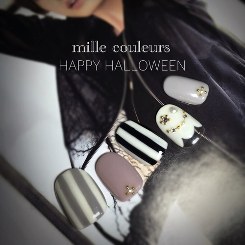 大人ハロウィン ストライプおばけちゃんネイル♡ ネイルチップ（つけ爪