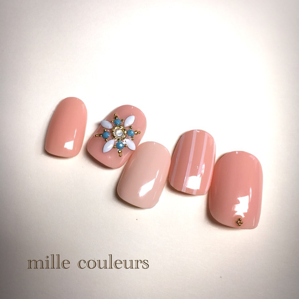 coral pink × stripe 甘カジュアルネイル♡ 3枚目の画像