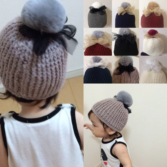 リボン付きポンポンニット帽 帽子(ベビー・キッズ) Loa 通販｜Creema 