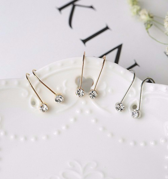 ファッション甘いOL U字型の白いダイヤモンドのドロップピアスイヤーフック（バラ金） 3枚目の画像