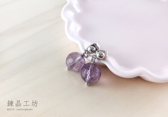 【鍊晶工坊】 切角珠紫水晶耳勾　Amethyst Cutting Bead Earing 第1張的照片