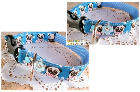 【受注製作】パグ柄の犬用首輪とリードセット（青） 4枚目の画像