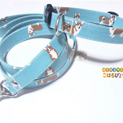 コーギー柄の犬用首輪とリードセット （水色） 1枚目の画像