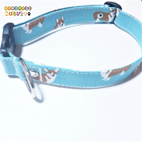 コーギー柄の犬用首輪とリードセット （水色） 3枚目の画像
