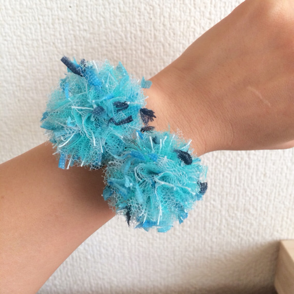 tulle pompon*sea blue × marine blue slarit*  S 2個セット 2枚目の画像