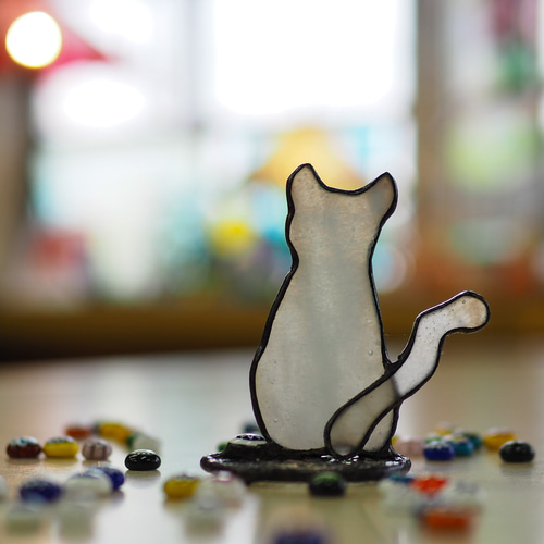 長崎発！尾曲がり猫にゃん(白猫)」ステンドグラス その他インテリア