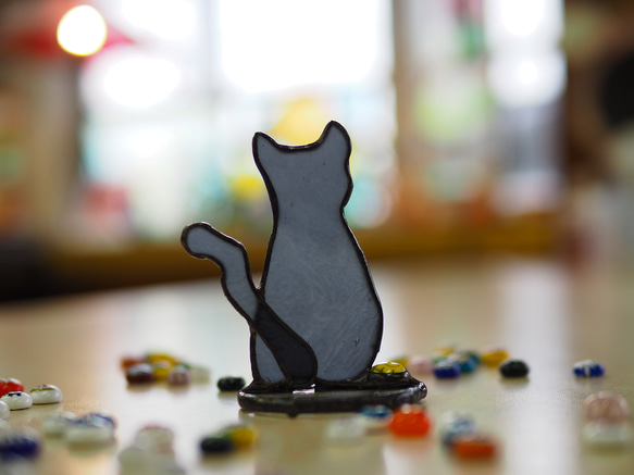 長崎発！尾曲がり猫にゃん(黒猫)」ステンドグラス サンキャッチャー 純