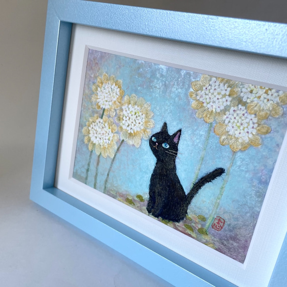 花と黒猫       (本額縁・原画) 2枚目の画像