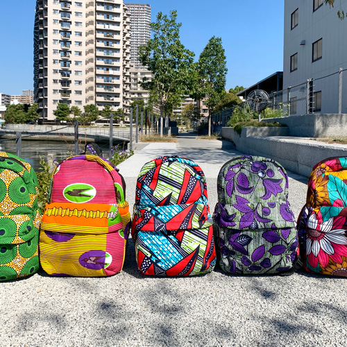 アフリカ布 リュックサック ウェイブ柄 波柄 ターコイズ黄ネイビー 海