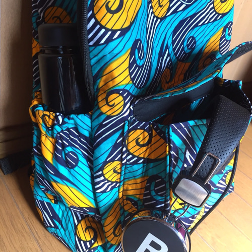 アフリカ布 リュックサック ウェイブ柄 波柄 ターコイズ黄ネイビー 海