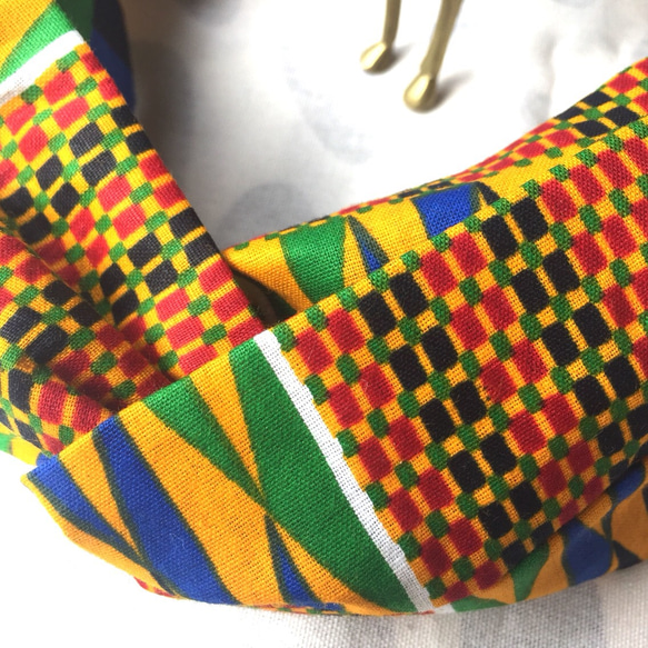 アフリカン 2Wayクロスヘアバンド幅広ターバン ガーナケンテクロス柄②黄赤緑ラスタカラー アフリカ布一点物親子コーデ 3枚目の画像