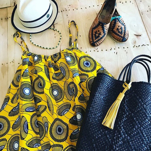 アフリカ布 スーパーAラインキャミソール イエロー/ブラック/ホワイト  