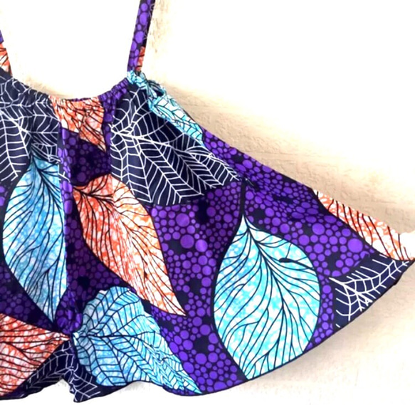 アフリカ布 スーパーAラインフリルキャミソール リーフ柄ネイビー紫  