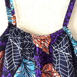 アフリカ布 スーパーAラインフリルキャミソール リーフ柄ネイビー紫オレンジ青 着痩せマタニティ涼しい楽ちんチュニック 3枚目の画像