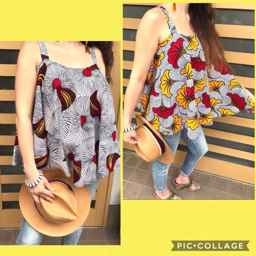 アフリカ布 スーパーAラインフリルキャミソール レモネード柄ピンク黄  