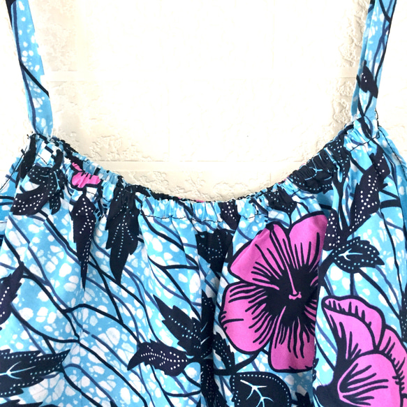 アフリカン スーパーAラインフリルキャミソール ボタニカル花柄ピンク青ネイビー 着痩せチュニックノースリーブリゾート 4枚目の画像