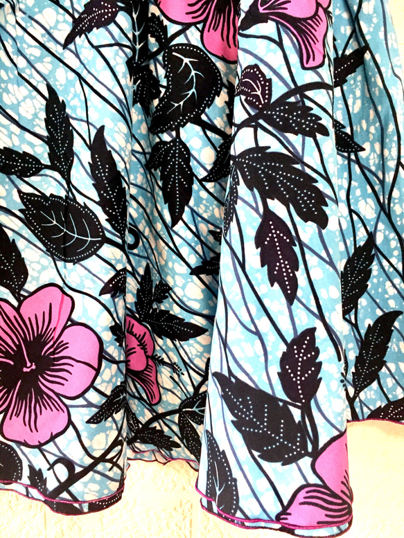 アフリカン スーパーAラインフリルキャミソール ボタニカル花柄ピンク青ネイビー 着痩せチュニックノースリーブリゾート 5枚目の画像