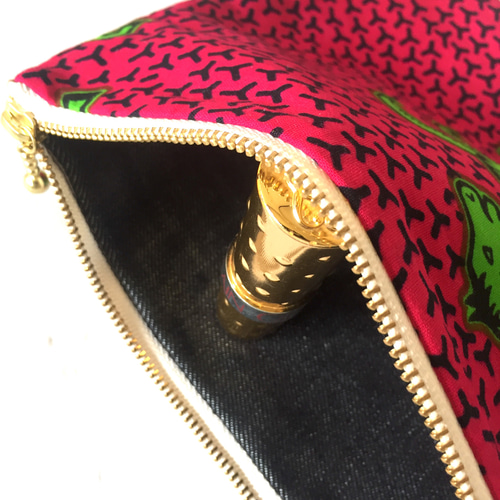 アフリカ布 ポーチ(M)馬柄ホットピンク/ネオングリーン マルチケース