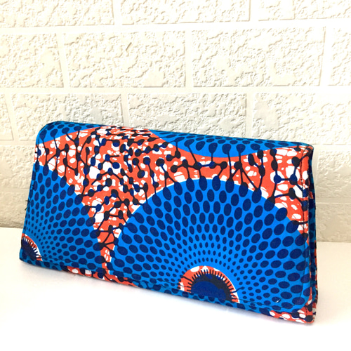 アフリカ布 クラッチバッグ サークル柄ブルー/オレンジレッド