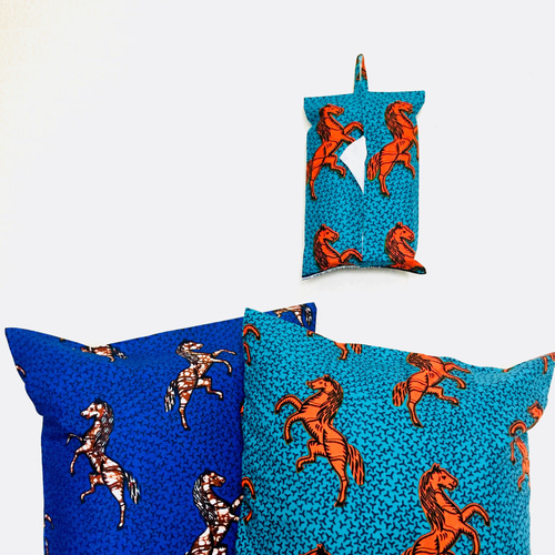 アフリカン クッションカバー 馬柄 ロイヤルブルー/ブラウン ミッド