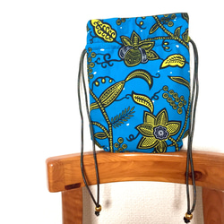 アフリカ布 巾着バッグ ポシェット ボタニカル花柄 ブルー/イエロー バッグインバッグ 浴衣 アフリカン エスニック 8枚目の画像
