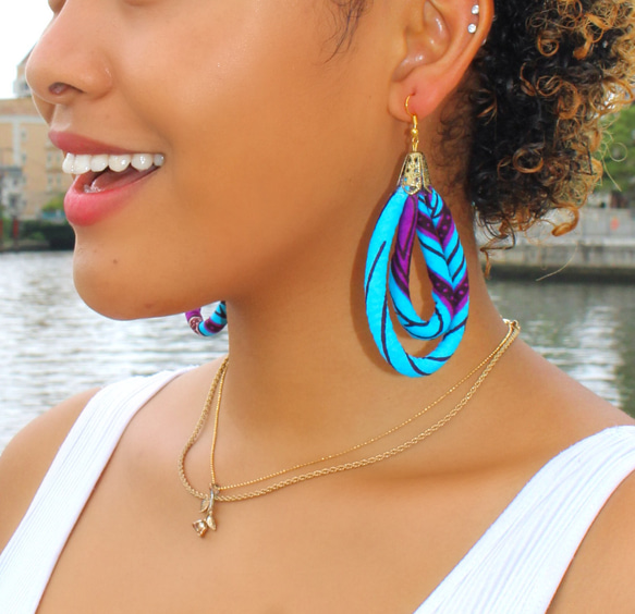 アフリカ布 フープピアス ブルー/パープル ビッグ ロング 大ぶり