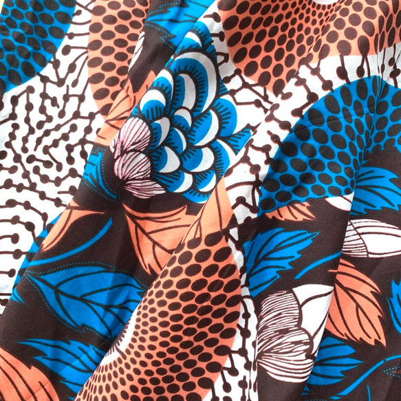 アフリカ布 スーパーAラインフリルキャミトップス サークル リーフ柄 コーラル茶ブルー チュニック 秋色 落ち葉 8枚目の画像