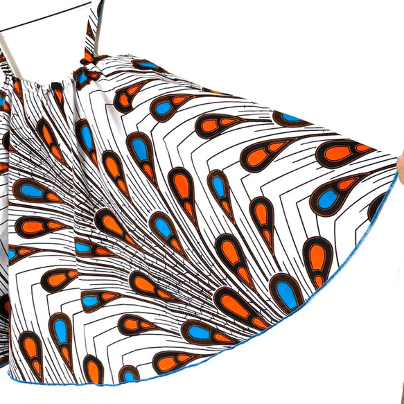 アフリカ布 スーパーAラインフリルキャミトップス ピーコック柄　ブルー白オレンジ アフリカンファブリック　チュニック 1枚目の画像