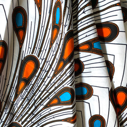 アフリカ布 スーパーAラインフリルキャミトップス ピーコック柄　ブルー白オレンジ アフリカンファブリック　チュニック 8枚目の画像