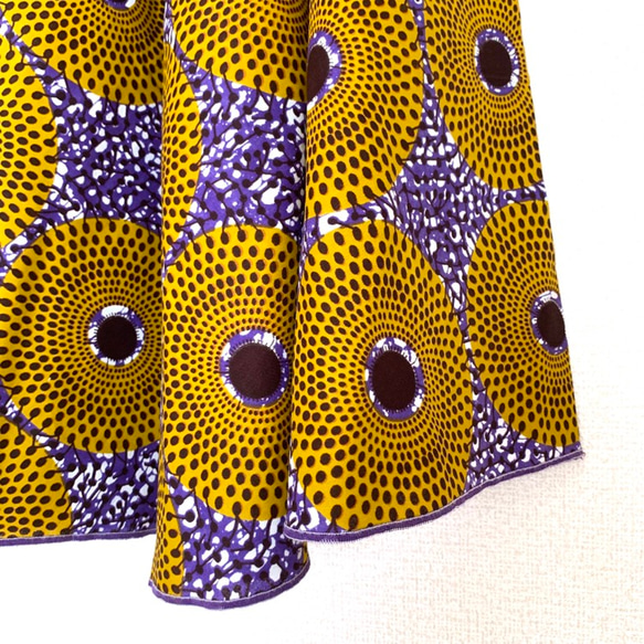 アフリカ布 スーパーAラインフリルキャミトップス サークル柄マスタード/パープル　アフリカンプリント　ゆったりチュニック 6枚目の画像