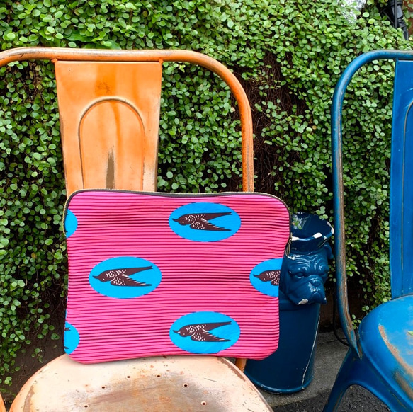 アフリカ布 PCケース 14インチ バード柄 ピンク/ブルー 鳥 ツバメ