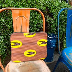 アフリカ布 PCケース 14インチ バード柄 ブラウン/イエロー 鳥 MacBook