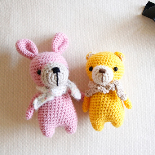 布綿】ハンドフック人形、手作り人形、森の動物、スカーフクマ