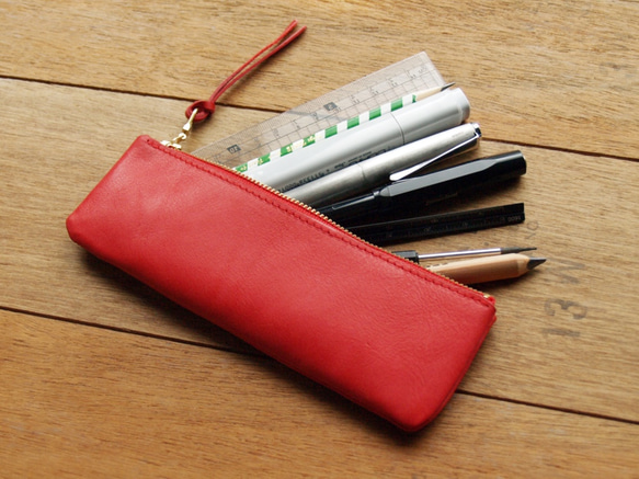 Coral Red 手工真皮筆袋 ( 免費客製刻印英文名 / 禮物包裝 ) 第5張的照片