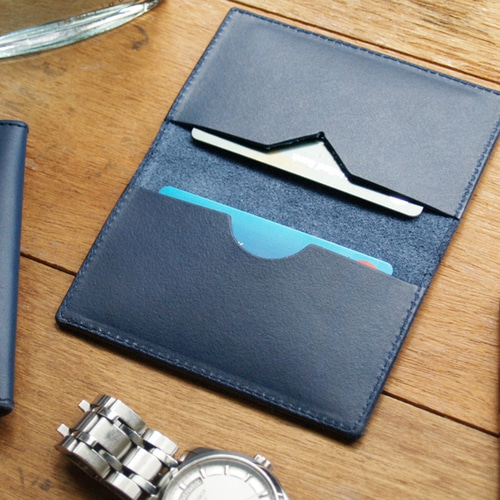 ネイビーブルー本革カードホルダー/財布/名刺入れ（英語刻印/ギフト