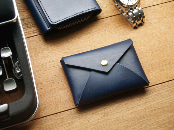 Leather Card Case / Coin Case ( Custom Name ) - Navy Blue 1枚目の画像