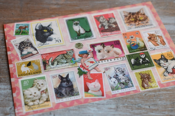 Kitten Stamp Collection こねこ 切手柄 猫の切手コラージュポストカード（3枚セット） ポストカード Rin-Life