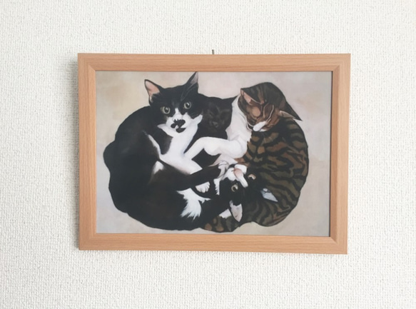 猫イラスト「なかよし四ひき」複製画 2枚目の画像