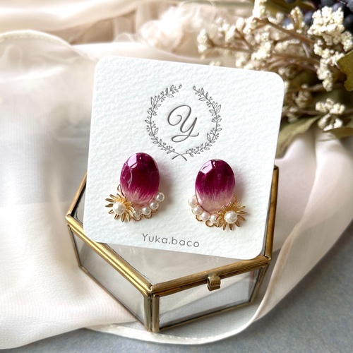自然の色を楽しむ♡花びらとパールのピアス／イヤリング ゴデチア 