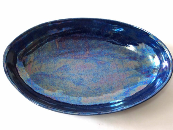 青いパールの楕円皿 2枚目の画像