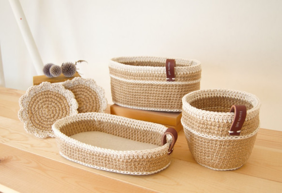 ハンドメイド　バスケット他 麻ひもバスケットとコースターセット フリーボックス・小物入れ