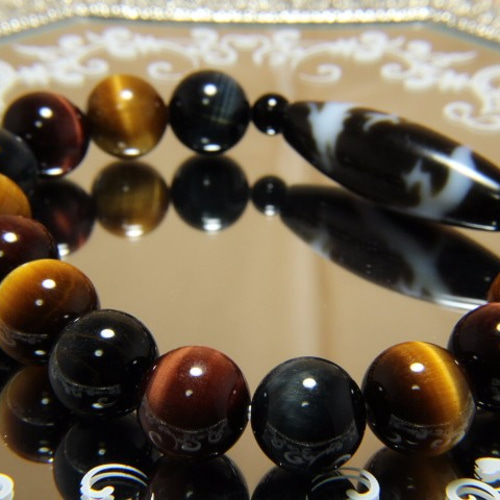 至純天珠】三本爪龍神天珠とミックスタイガーアイのブレスレット