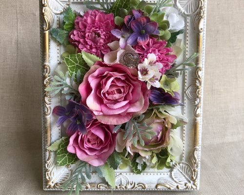 ⑦ 造花アレンジ ピンク・白・紫花束 アートフラワー花器入インテリア